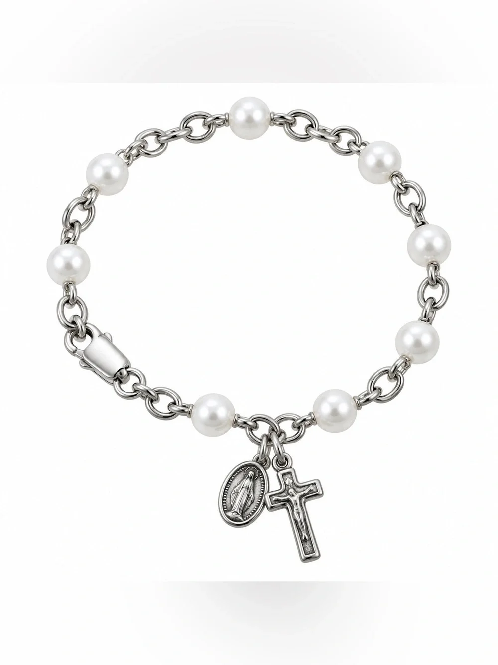 Rhodium Plated Faux Pearl Crucifix Cross Religious Medal Bracelet Baby Jewelry